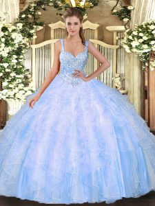 Modest Sleeveless Floor Length Beading Lace Up Sweet 16 Dress with Light Blue