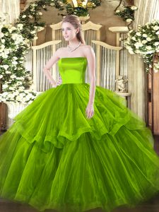 Sleeveless Ruffled Layers Zipper Ball Gown Prom Dress with Olive Green Brush Train