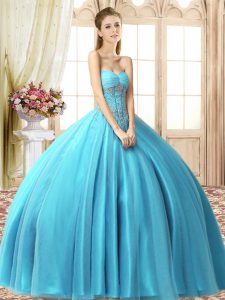 Beauteous Sleeveless Floor Length Beading Lace Up Quince Ball Gowns with Aqua Blue