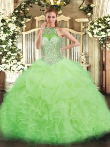 Excellent Yellow Green Organza Lace Up Halter Top Sleeveless Floor Length Quinceanera Gowns Beading and Ruffles and Pick Ups