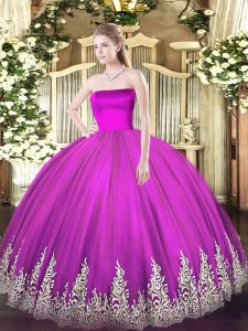 Sleeveless Tulle Floor Length Zipper Quinceanera Dresses in Fuchsia with Appliques