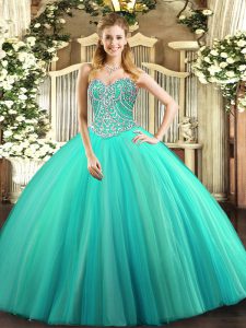 New Arrival Aqua Blue Tulle Lace Up Sweetheart Sleeveless Floor Length Ball Gown Prom Dress Beading