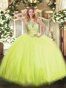 Yellow Green Halter Top Lace Up Beading Ball Gown Prom Dress Sleeveless