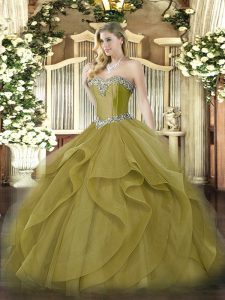 Olive Green Tulle Lace Up Quinceanera Dresses Sleeveless Floor Length Beading and Ruffles