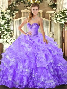 Lavender Lace Up Sweet 16 Quinceanera Dress Beading and Ruffled Layers Sleeveless Floor Length