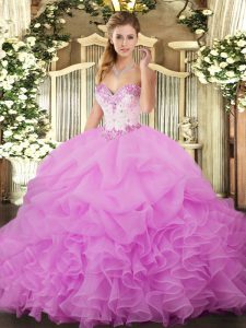 Lilac Ball Gowns Sweetheart Sleeveless Organza Floor Length Lace Up Beading and Ruffles and Pick Ups Quinceanera Dress