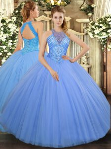 Ideal Sleeveless Floor Length Beading Lace Up Ball Gown Prom Dress with Light Blue