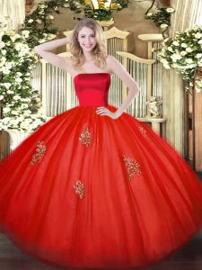 Strapless Sleeveless Zipper Sweet 16 Quinceanera Dress Red Tulle