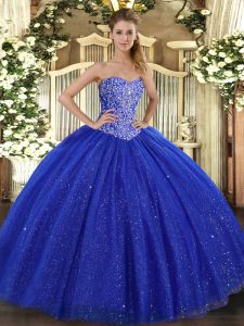 Enchanting Floor Length Royal Blue 15 Quinceanera Dress Tulle Sleeveless Beading