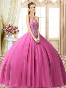 Fuchsia Sleeveless Tulle Lace Up Sweet 16 Quinceanera Dress for Military Ball and Sweet 16 and Quinceanera