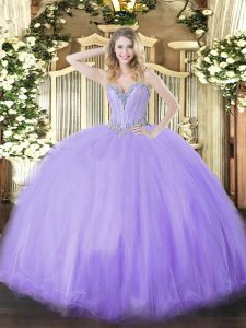 Modern Sleeveless Floor Length Beading Lace Up Quince Ball Gowns with Lavender