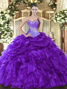 Romantic Purple Organza Lace Up Sweetheart Sleeveless Floor Length Sweet 16 Quinceanera Dress Beading and Ruffles and Pick Ups