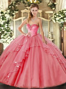 Attractive Watermelon Red Tulle Lace Up Sweet 16 Dresses Sleeveless Floor Length Beading and Ruffled Layers