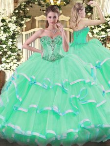 Nice Sleeveless Floor Length Beading and Ruffles Lace Up Vestidos de Quinceanera with Apple Green