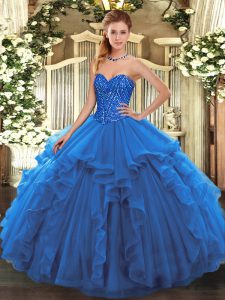 Simple Sweetheart Sleeveless Lace Up Quince Ball Gowns Blue Tulle