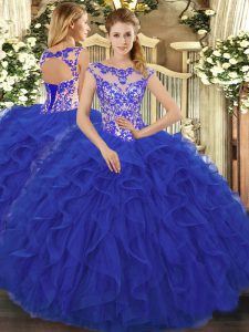 Custom Design Royal Blue Scoop Neckline Beading and Ruffles Quinceanera Dresses with Headpieces Sleeveless Lace Up