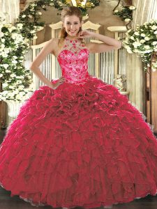 Red Halter Top Neckline Beading and Ruffles Ball Gown Prom Dress Sleeveless Lace Up