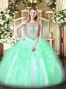 Free and Easy Apple Green Zipper Scoop Beading and Ruffles Quinceanera Dresses Tulle Sleeveless