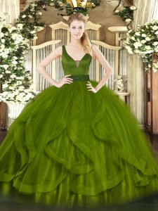 Sleeveless Floor Length Beading and Ruffles Zipper Quinceanera Gowns with Olive Green