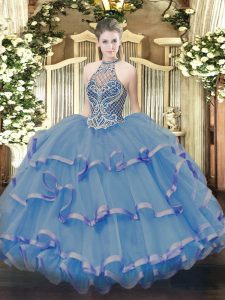 Noble Blue Lace Up Quinceanera Dresses Beading and Ruffles Sleeveless Floor Length