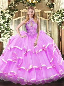 Modern Lilac Ball Gowns Organza Halter Top Sleeveless Beading Floor Length Lace Up Ball Gown Prom Dress