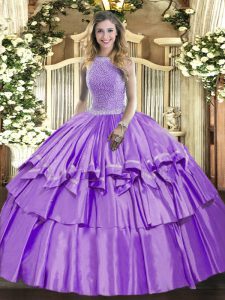 Lavender Organza and Taffeta Lace Up Quinceanera Gown Sleeveless Floor Length Beading and Ruffled Layers