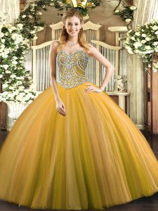 High End Sweetheart Sleeveless Lace Up Quince Ball Gowns Gold Tulle