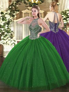 Floor Length Lace Up Sweet 16 Dresses Green for Military Ball and Sweet 16 and Quinceanera with Beading