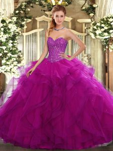 Wonderful Sweetheart Sleeveless Ball Gown Prom Dress Floor Length Beading and Ruffles Fuchsia Tulle