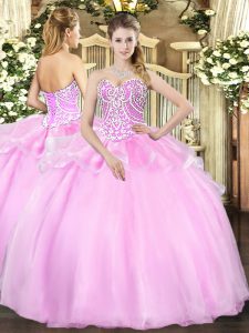 Admirable Pink Lace Up 15th Birthday Dress Beading Sleeveless Floor Length