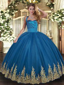 Glittering Blue Ball Gowns Appliques Vestidos de Quinceanera Lace Up Tulle Sleeveless Floor Length