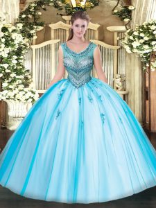 Popular Baby Blue Quinceanera Dress Sweet 16 and Quinceanera with Beading and Appliques Scoop Sleeveless Lace Up