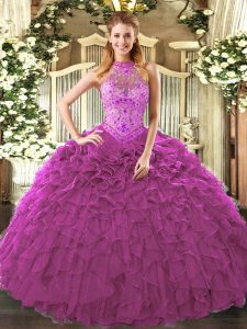 Custom Design Fuchsia Lace Up Halter Top Embroidery and Ruffles Quince Ball Gowns Organza Sleeveless