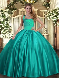 Turquoise Sleeveless Floor Length Ruching Lace Up Quince Ball Gowns