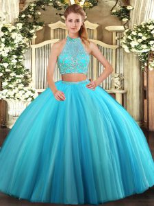 Fabulous Aqua Blue Sleeveless Beading Floor Length 15 Quinceanera Dress