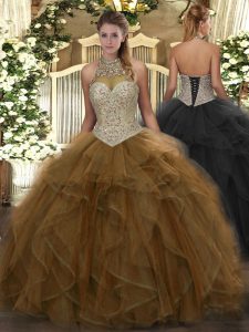 Brown Ball Gowns Beading and Ruffles 15 Quinceanera Dress Lace Up Tulle Sleeveless Floor Length