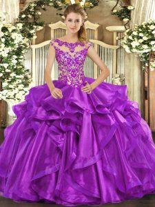 Eggplant Purple Scoop Neckline Appliques and Ruffles 15th Birthday Dress Cap Sleeves Lace Up