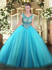 Dazzling Baby Blue Lace Up Sweet 16 Dresses Beading Sleeveless Floor Length