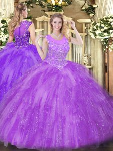 On Sale Sleeveless Floor Length Beading and Ruffles Zipper Sweet 16 Quinceanera Dress with Lavender