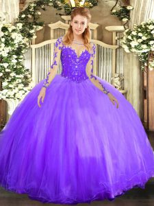 Fantastic Tulle Long Sleeves Floor Length Quinceanera Gown and Lace