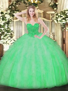 Cute Apple Green Organza Lace Up Sweetheart Sleeveless Floor Length Quinceanera Gowns Ruffles