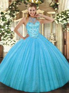 Customized Floor Length Aqua Blue Quinceanera Dress Tulle Sleeveless Beading and Embroidery