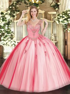 V-neck Sleeveless Ball Gown Prom Dress Floor Length Beading Coral Red Tulle