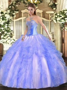 Inexpensive Blue Tulle Lace Up Sweetheart Sleeveless Floor Length Sweet 16 Dresses Beading and Ruffles