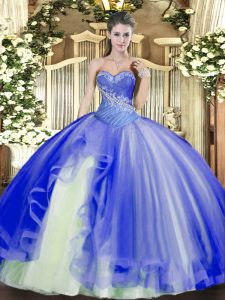 Blue Ball Gowns Beading and Ruffles Ball Gown Prom Dress Lace Up Tulle Sleeveless Floor Length