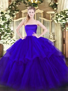 Blue Quinceanera Dress Tulle Brush Train Sleeveless Ruffled Layers