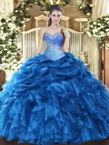 Blue Ball Gowns Beading and Ruffles and Pick Ups Quinceanera Dresses Lace Up Organza Sleeveless Floor Length