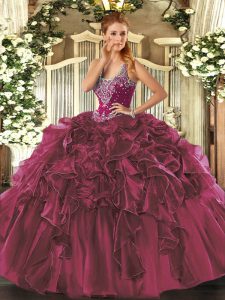 Suitable Ball Gowns 15th Birthday Dress Burgundy Straps Organza Sleeveless Floor Length Lace Up