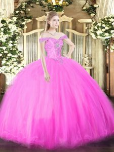 Hot Selling Tulle Off The Shoulder Sleeveless Lace Up Beading Quinceanera Dresses in Fuchsia