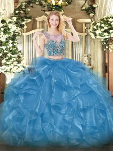 Dazzling Floor Length Baby Blue Ball Gown Prom Dress Scoop Sleeveless Lace Up